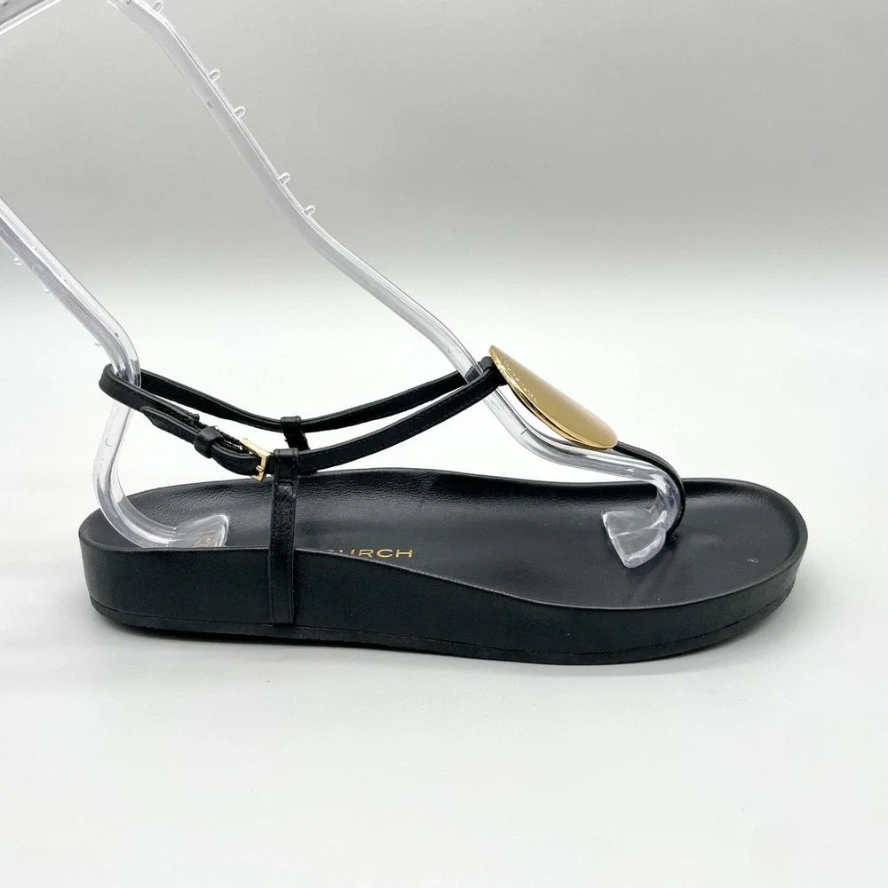 Tory Burch Patos Disk Sandals Womens 7.5 Black Leather Thong Slingback Flat Shoe